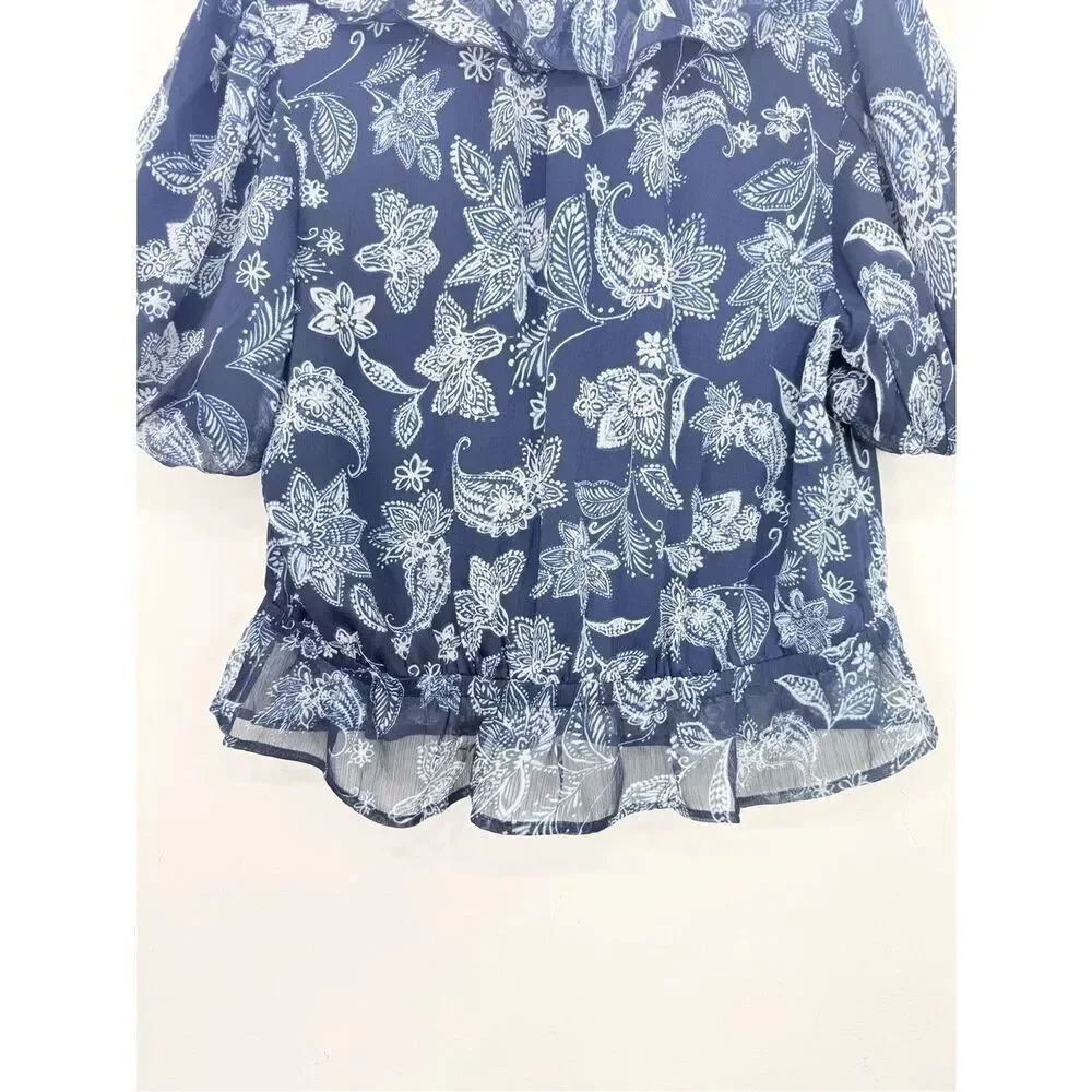 LOFT Blue White Floral Ruffle V Neck Peplum Hem Short Puff Sleeve Blouse NEW